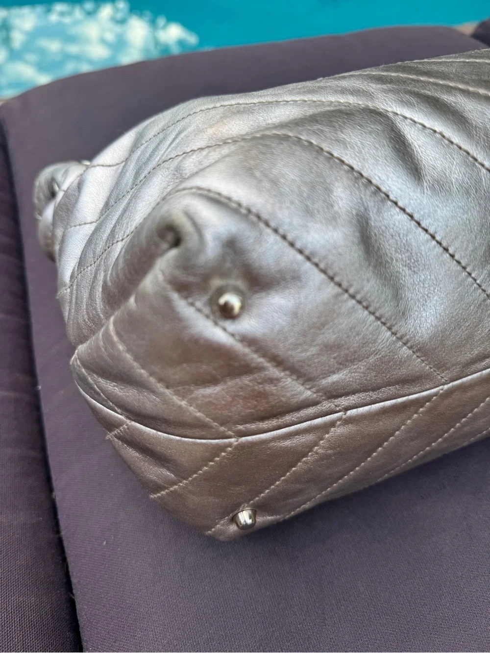 Furla Metallic Silver Leather Chevron Quilted Tote Tassel Bag VGUC Y2K